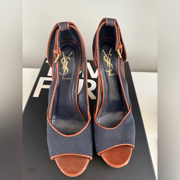 YSL Deauville Blue Canvas Brown Leather Platform Wedge Cork Heels 8 - Picture 4 of 6